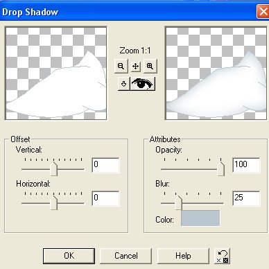 Klik på: Effects / 3D effects / Drop shadow, og brug disse indstillinger